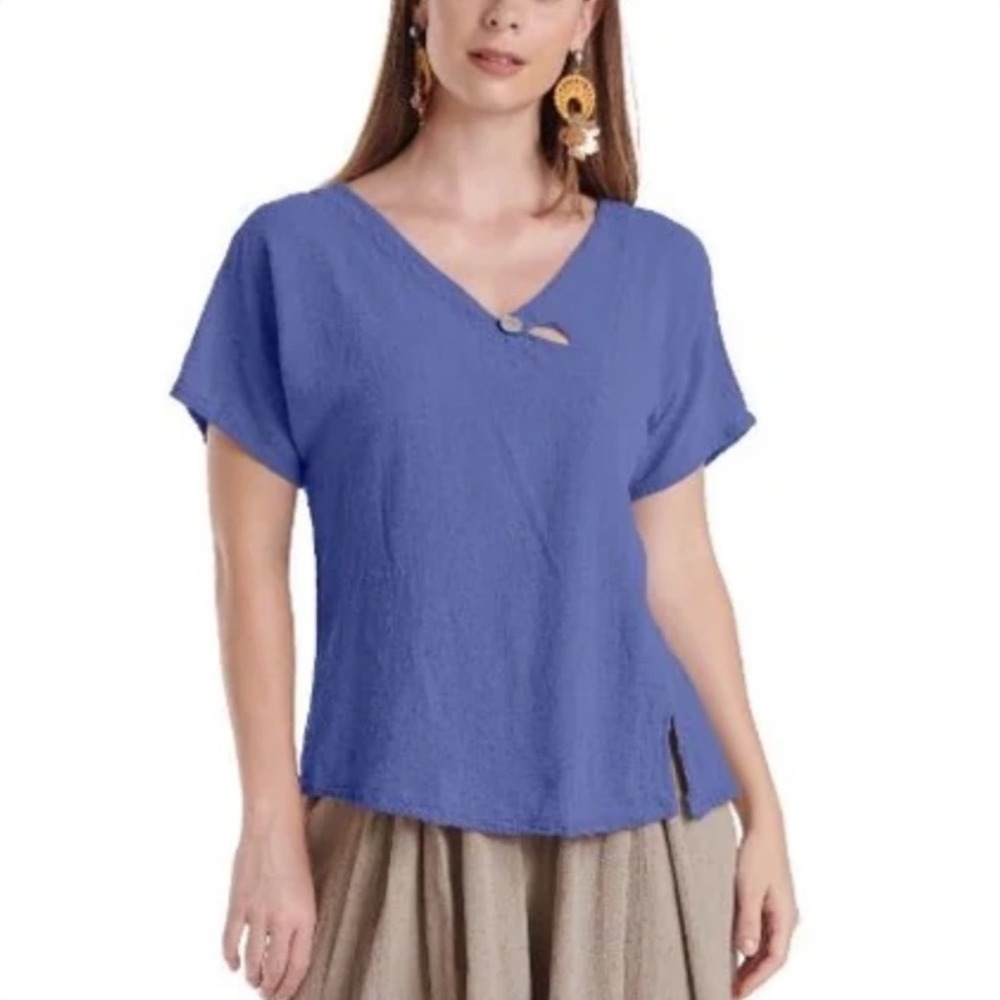 Oh My Gauze Mike Blouse Lily Navy Blue Cotton Gauze Asymmetrical V-Neck Top